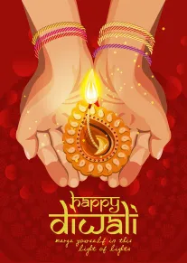 Hands hold a glowing diya with Happy Diwali text on a festive red background design.
