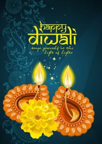Glowing diyas and yellow flowers on a dark blue Happy Diwali card with elegant lettering.