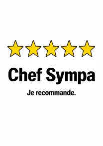 Carte blanche avec cinq étoiles jaunes et le message « Chef Sympa Je recommande. » en noir.