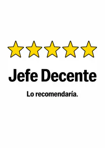 Tarjeta blanca con cinco estrellas amarillas y el texto «Jefe Decente. Lo recomendaría.» en negro.