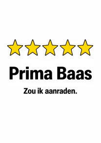 Witte kaart met vijf gele sterren en de tekst: Prima Baas Zou ik aanraden.