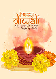 Happy Diwali Card with Traditional Lamp and Marigold Flowers