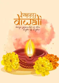 Bright Diwali card with glowing oil lamp, marigold flowers, and festive wording above.