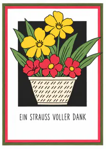 Illustration eines Blumentopfs mit gelben und roten Blumen vor schwarzem Hintergrund, darunter der Schriftzug „EIN STRAUSS VOLLER DANK“.