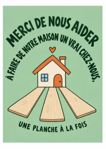 Carte verte avec une maison, des planches de bois et un message de remerciement en français.