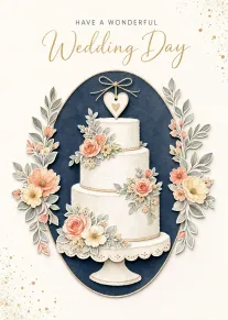Watercolor wedding card with tiered cake, floral accents, and gold text wishing a wonderful day.