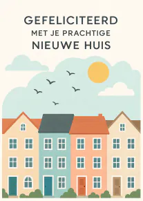 Illustratie van drie kleurrijke huizen onder een blauwe lucht met zon, wolken en vogels.