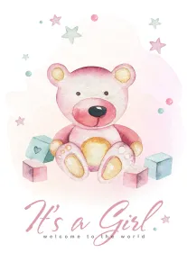Watercolor teddy bear sits among pastel blocks and stars with It's a Girl welcome message.