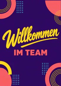 Lila Karte mit gelber Schrift „Willkommen IM TEAM“, Korallenbögen, gelben Kreisen und türkisfarbenen Punkten.
