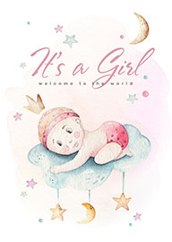 Watercolor Baby Girl Newborn Card with Stars and Moon