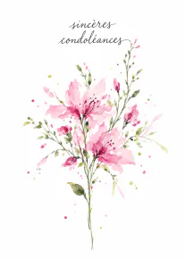 Carte blanche avec le texte « sincères condoléances » au-dessus d’un bouquet de fleurs roses peintes à l’aquarelle.
