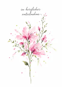 Weisse Trauerkarte mit handgeschriebener Anteilnahme und einem Strauss rosa Aquarellblumen.
