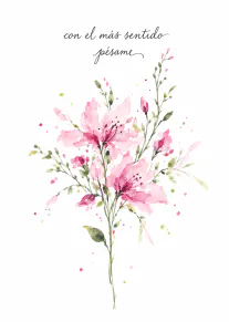 Tarjeta blanca con un ramo de flores rosas en acuarela y un mensaje de pésame en caligrafía.