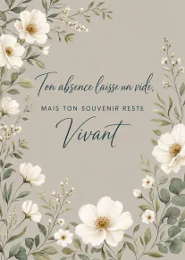 Carte beige encadrée de fleurs blanches et feuillages verts, avec un message de souvenir en calligraphie bleue.