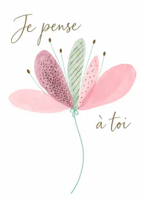 Carte blanche avec le texte « Je pense à toi » et un bouquet stylisé rose et vert à l’aquarelle.