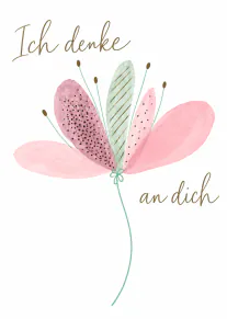 Weiße Karte mit handgemaltem rosa Blütenstrauß und dem Schriftzug „Ich denke an dich“.