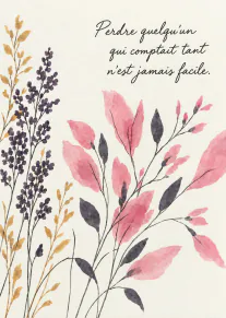 Carte de condoléances ornée de fleurs roses, violettes et dorées sur fond crème, avec un message manuscrit.