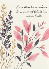 Zarte Aquarellzweige mit rosa und dunkelvioletten Blättern auf cremefarbenem Grund, darüber ein tröstender Trauerspruch.