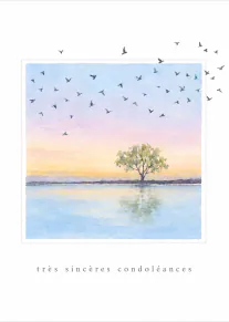 Carte de condoléances montrant un arbre solitaire au bord d’une eau calme, des oiseaux en vol et un ciel pastel.