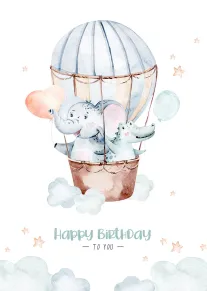 Watercolor elephant and crocodile in a hot air balloon with Happy Birthday To You text.