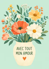 Bouquet de fleurs orange, jaunes et blanches dans un vase crème portant l’inscription « AVEC TOUT MON AMOUR » sur fond vert menthe.