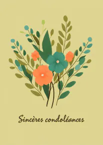 Carte jaune pâle ornée d’un bouquet de fleurs orange et bleu-vert, avec le texte « Sincères condoléances ».