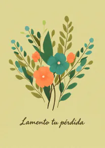 Tarjeta de pésame con un ramo de flores coral y turquesa sobre fondo amarillo pálido.