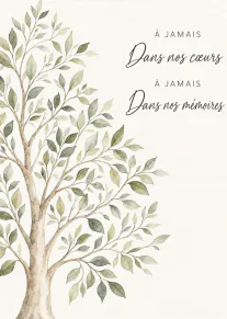 Carte de condoléances crème avec un arbre aux feuilles vert sauge et un message commémoratif en français.