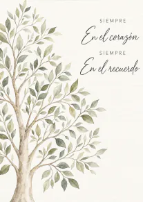 Tarjeta de condolencias con un árbol de hojas verdes en acuarela y un mensaje de recuerdo.