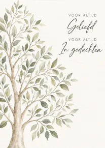 Rustige condoleancekaart met een zachte aquarelboom en de tekst ‘Voor altijd geliefd, voor altijd in gedachten’.