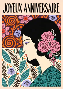 Carte d’anniversaire rétro montrant le profil d’une femme aux roses roses dans les cheveux, entourée de motifs floraux.