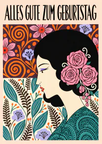 Illustration einer Frau mit schwarzen Haaren und rosa Rosen vor einem dekorativen Blumenmuster, darüber der Schriftzug „ALLES GUTE ZUM GEBURTSTAG“.
