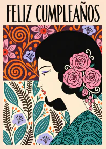 Tarjeta de cumpleaños con una mujer de perfil, rosas en el cabello y un fondo floral decorativo.