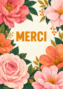 Carte crème bordée de grandes fleurs roses et corail, avec le mot « MERCI » en orange au centre.