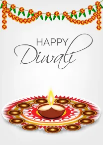 Glowing diya on ornate rangoli with marigold garlands and Happy Diwali text above centered card.