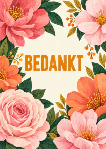 Crèmekleurige kaart met grote roze en oranje bloemen, groene bladeren en de tekst BEDANKT.