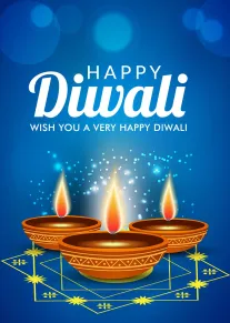 Blue Diwali card with three glowing diyas, rangoli design, and festive Happy Diwali wording above.