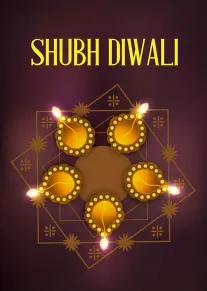 Elegant Shubh Diwali card with glowing golden diyas arranged around a decorative rangoli pattern design.
