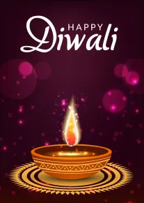 Glowing diya lamp on a dark purple card reading Happy Diwali with pink sparkles background.