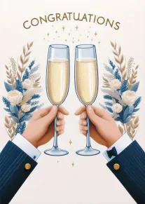 Two hands in suits toast champagne flutes beneath congratulations text and blue floral decorations today.