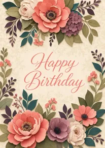 Paper-cut flowers and leaves frame a Happy Birthday message on cream background with coral blooms.
