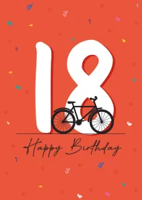 Orange birthday card with giant 18, bicycle graphic, confetti, and Happy Birthday text below it.