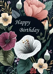 Dark floral birthday card with elegant blooms and Happy Birthday text on a deep background.