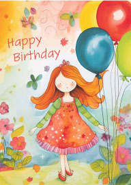 Watercolor Birthday Card with Girl Holding Balloons and Flowers
