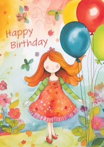 Watercolor birthday card with red-haired girl holding balloons beside colorful flowers and Happy Birthday text.