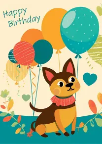 Cute dog sits beneath colorful balloons with Happy Birthday text and hearts.