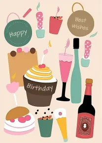 Colourful birthday card with cakes, champagne, sweets and Happy Best Wishes wording on beige background.