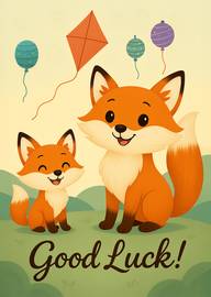 Cute Foxes with Balloons and Kite Good Luck Card