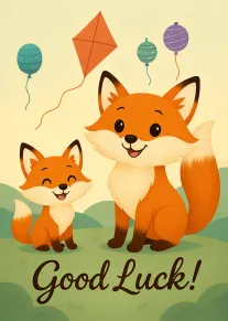 Two smiling foxes with balloons and Good Luck text in a pastel scene.