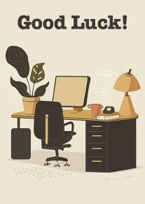 Good Luck text above a modern office desk with plant, computer, lamp and chair illustration.